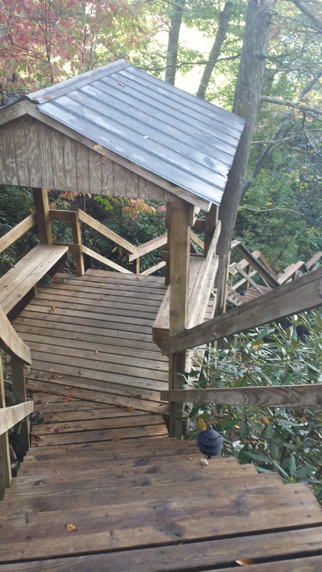 Metal roofed shelter over wooden steps on a wooded walkway — Skylight Repair & Installation work by our crew in Sheldon